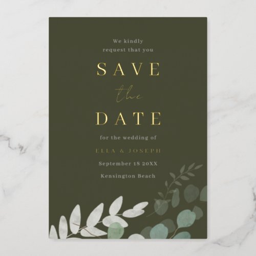 Golden Foil Green Leaf Olive Wedding Save The Date Foil Invitation