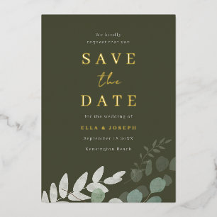 Golden Foil Green Leaf Olive Wedding Save The Date Invitation