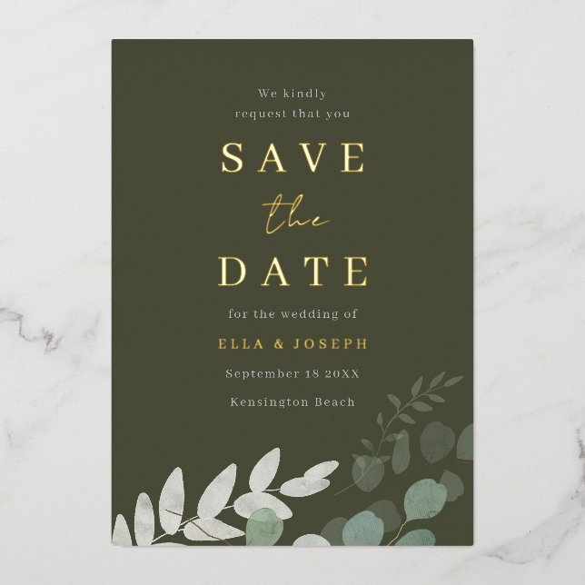 Golden Foil Green Leaf Olive Wedding Save The Date Invitation (Front)