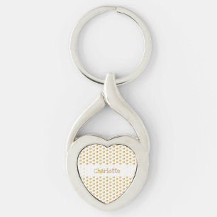 Golden Foil Hearts Pattern on White Grunge Modern Keychain