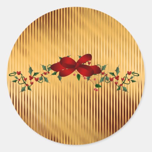 Golden Foil Holly Berries and Bow Classic Round Sticker