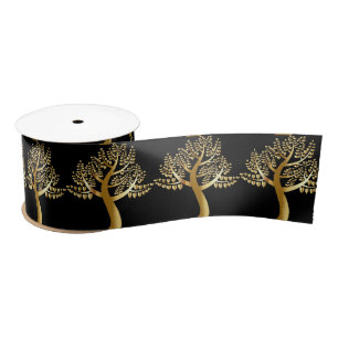 Golden Foil-Like Tree Gold Hearts Leaves Night Sky Satin Ribbon
