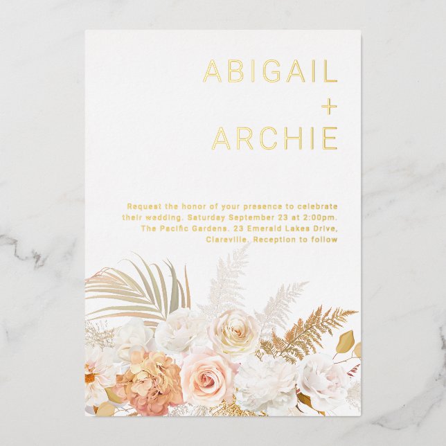 Golden Foil Magical Floral Summer & Fall Wedding Foil Invitation (Front)