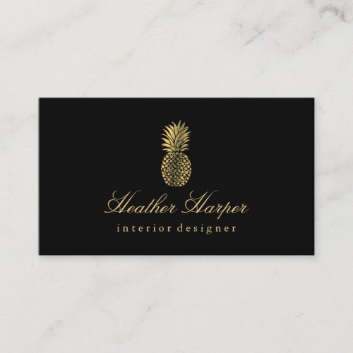 Golden Foil Pineapple Script Business Card Black
