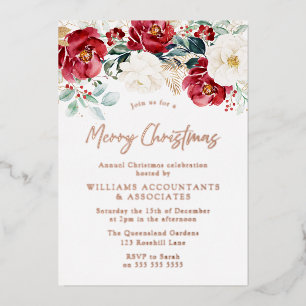 Golden Foil Red White Floral Merry Christmas Party Invitation