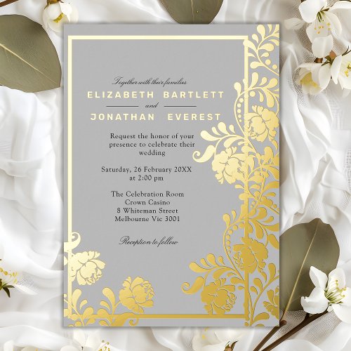 Golden Foliage and Elegant Frame Foil Invitation