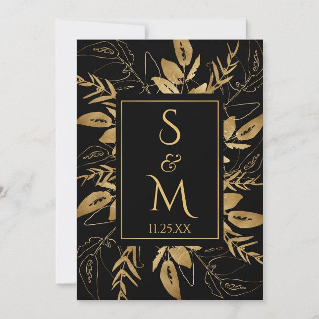 Golden Foliage | Elegant Gold Black Wedding Invitation (Front)