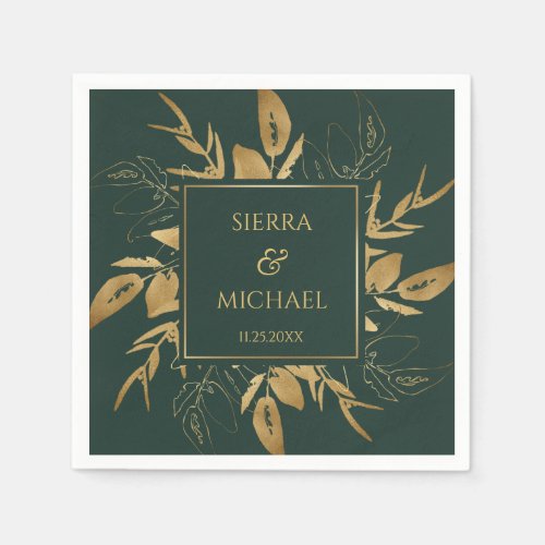 Golden Foliage  Elegant Gold Green Wedding Napkins