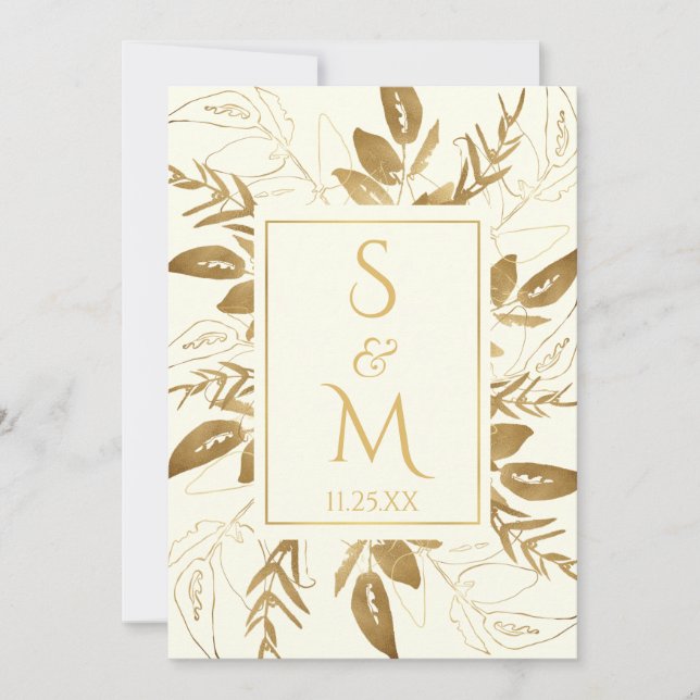 Golden Foliage | Elegant Gold Ivory White Wedding Invitation (Front)