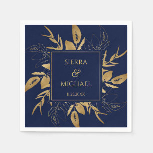 Golden Foliage Elegant Gold Navy Blue Wedding Napkins