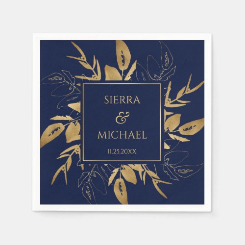 Golden Foliage  Elegant Gold Navy Blue Wedding Napkins