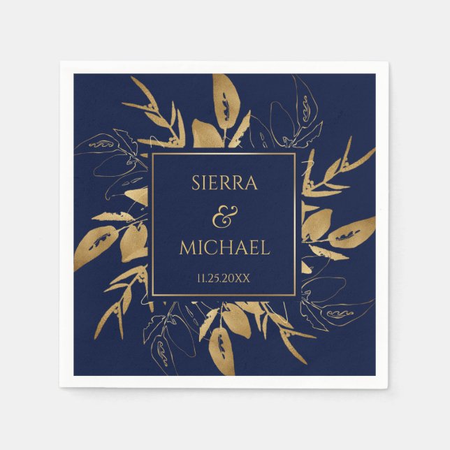Golden Foliage | Elegant Gold Navy Blue Wedding Napkins (Front)