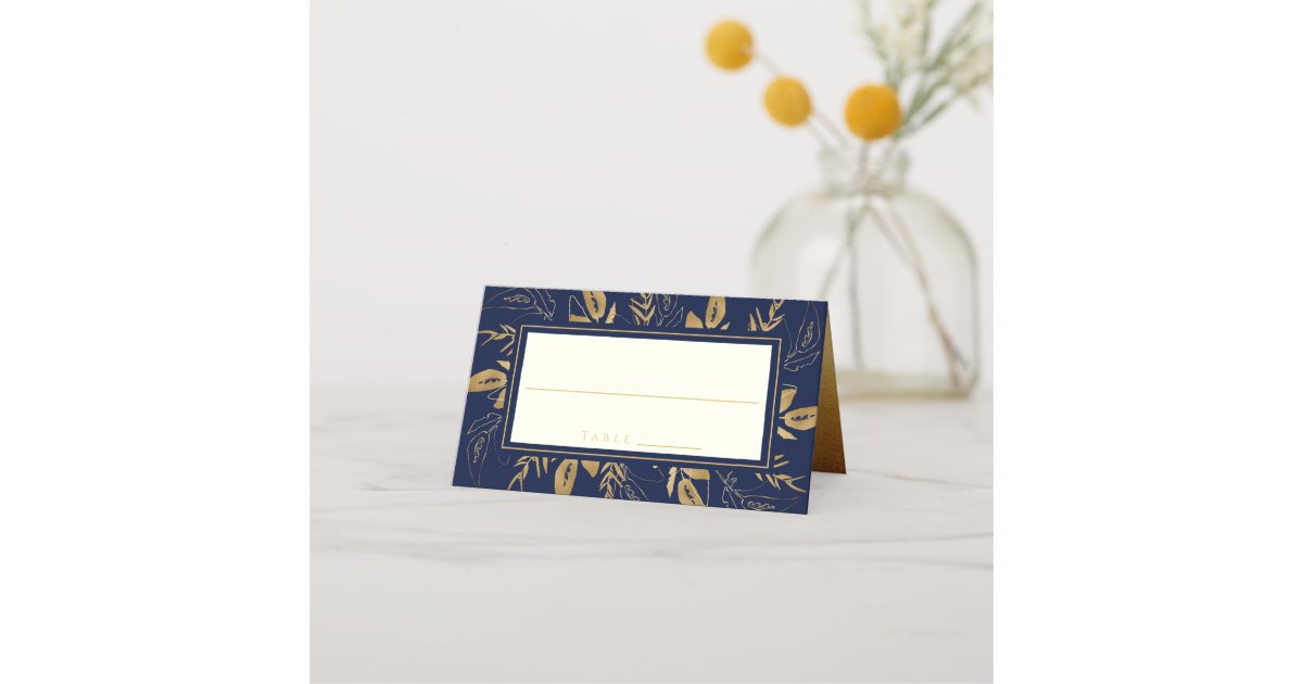 Golden Foliage | Elegant Gold Navy Blue Wedding Place Card | Zazzle