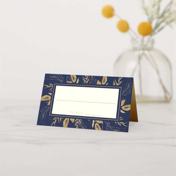 Golden Foliage | Elegant Gold Navy Blue Wedding Place Card | Zazzle