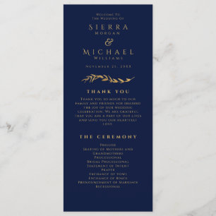 Golden Foliage   Elegant Navy Blue Gold Wedding Program