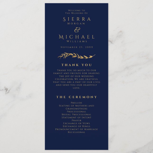 Golden Foliage | Elegant Navy Blue Gold Wedding Program (Front)