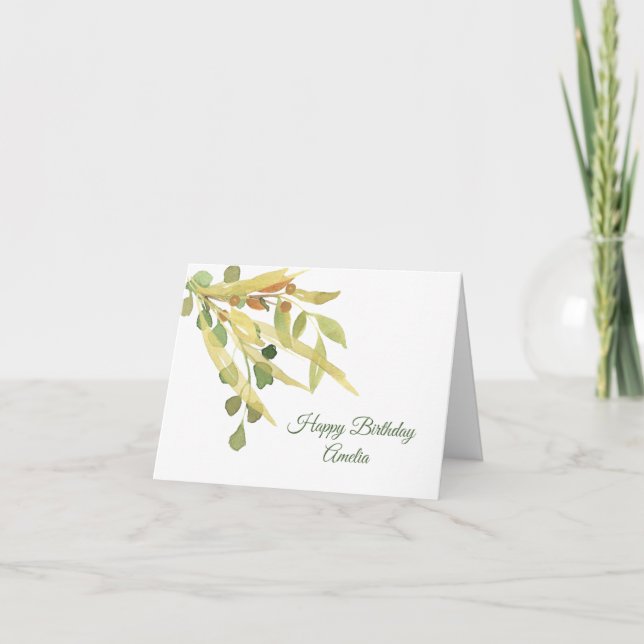 Golden Foliage Watercolor Birthday Card (Front)