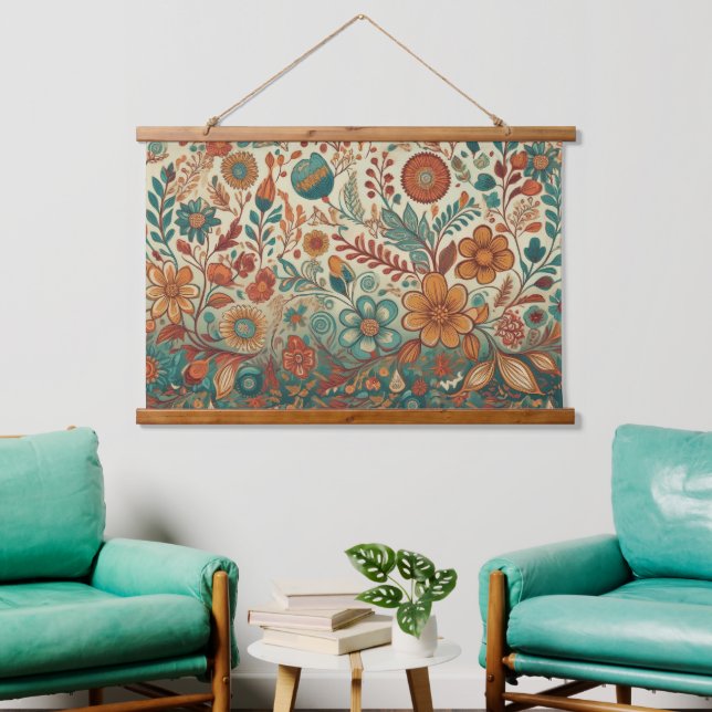 Golden Folk Art Tapestry Wall Hanging (Living Room)