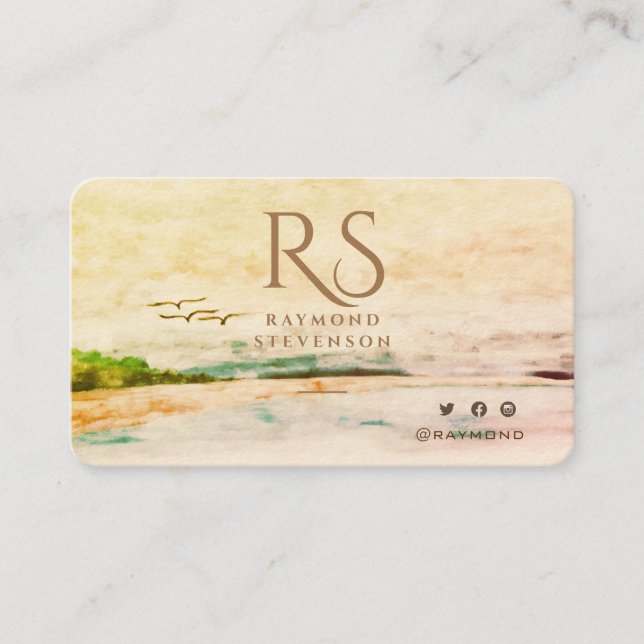 Golden Forest Birds Landscape Monogrammed Business Card (Front)