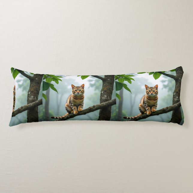 Golden Forest Cat – Minimal Jungle Portrait Body Pillow (Front)