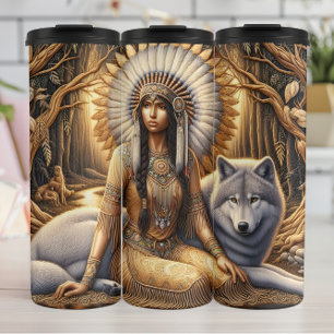 Golden Forest Spirit, Woman and Wolf. Thermal Tumbler