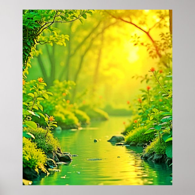 Golden Forest Stream Peaceful Art Poster (Front)