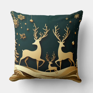 Golden Forest Waltz – Reindeer & Ornaments Throw Pillow