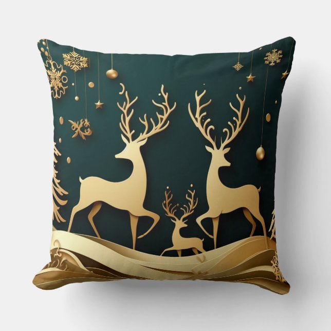 Golden Forest Waltz – Reindeer & Ornaments Throw Pillow (Front)