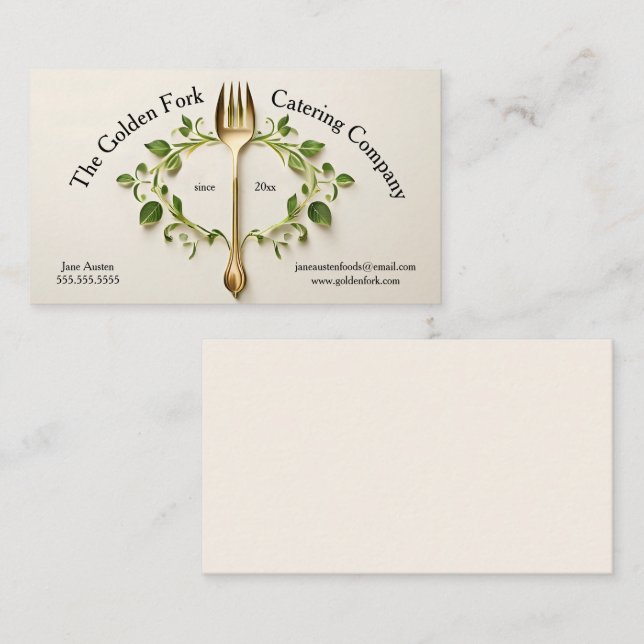Golden Fork with Vines Catering Food Service Business Card (Front/Back)