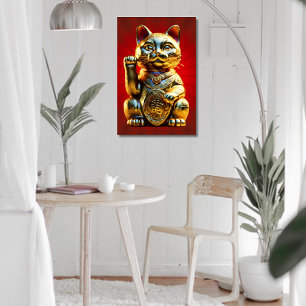 Golden Fortune Cat on Red Background Metal Print