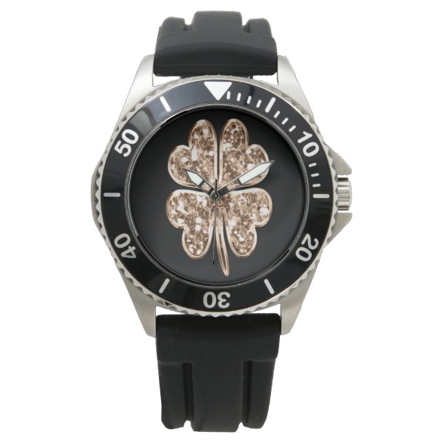Golden Four Leaf Clover Elegant Faux Gold Modern Watch (Front)