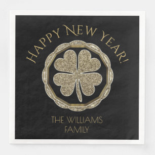 Golden Four Leaf Clover Happy New Year Good Luck Paper Dinner Napkins