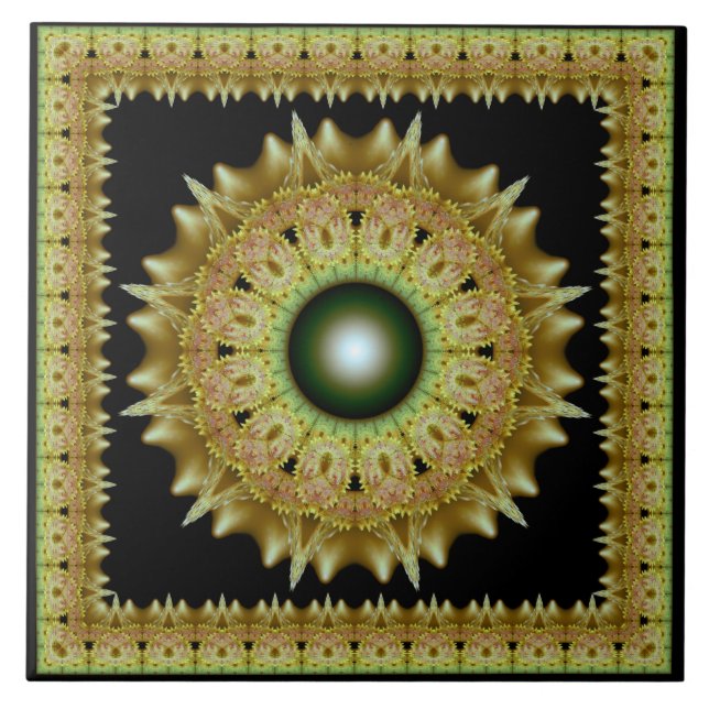 Golden fractal ornament mandala ceramic tile (Front)