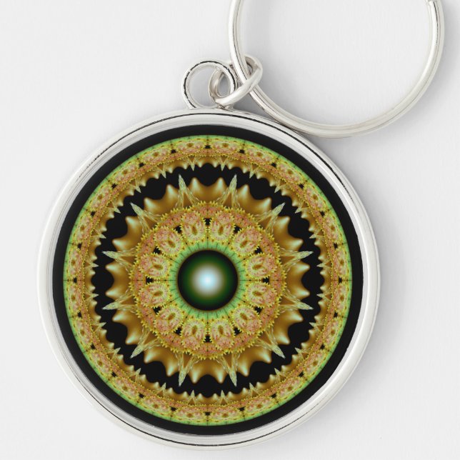 Golden fractal round mandala keychain (Front)
