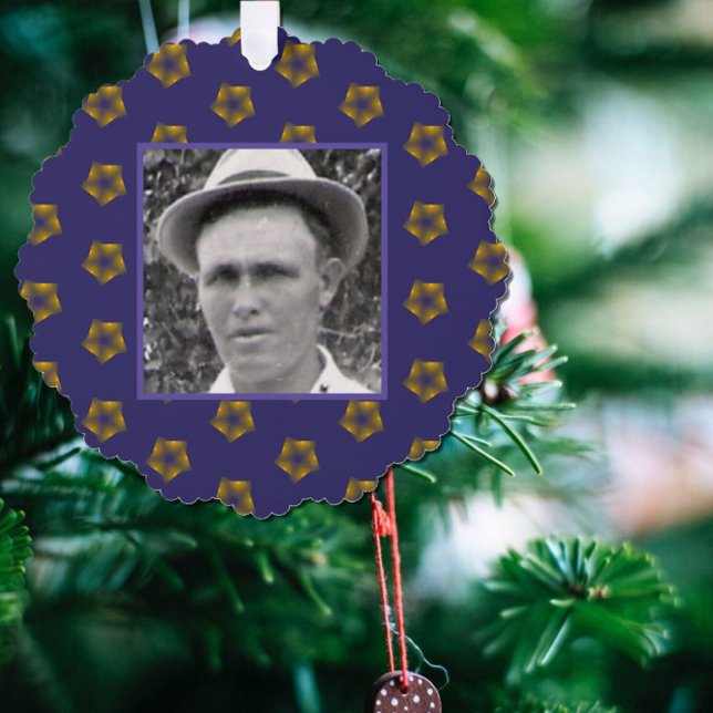 Golden Fractal Stars on Purple | Ancestor Photo Ornament Card (Creator Uploaded)