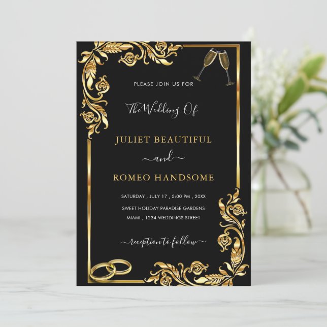Golden Frame Black Wedding Invitation - Your Color (Standing Front)