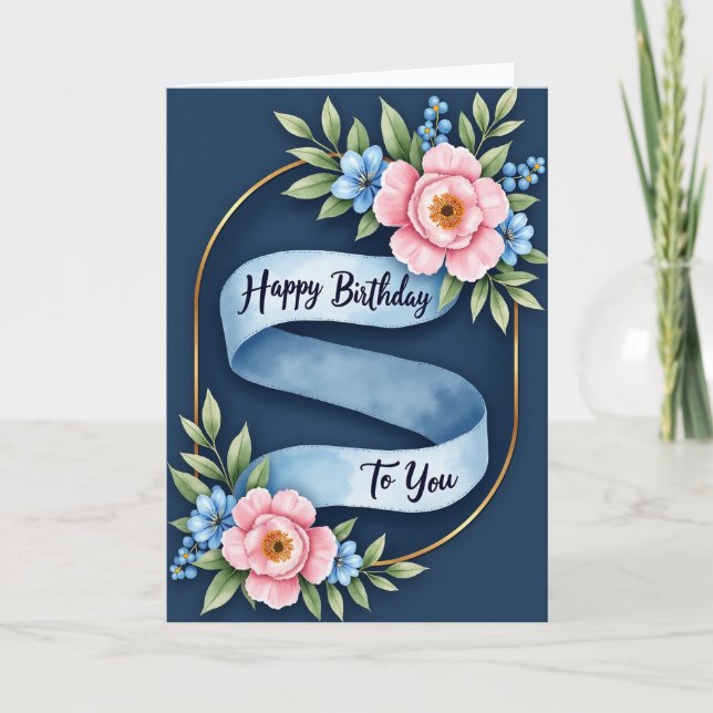 Golden Frame Blossom Birthday Card (Front)