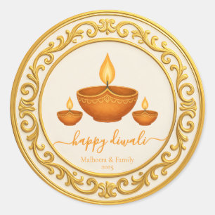 Golden Frame Diwali Diya with Decorative Lamp Art Classic Round Sticker