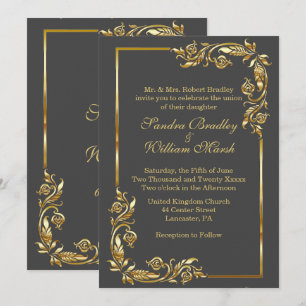 Golden Frame Elegant Charcoal Gray  w/ Gold Print Invitation