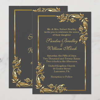 Golden Frame Elegant Charcoal Gray  w/ Gold Print Invitation