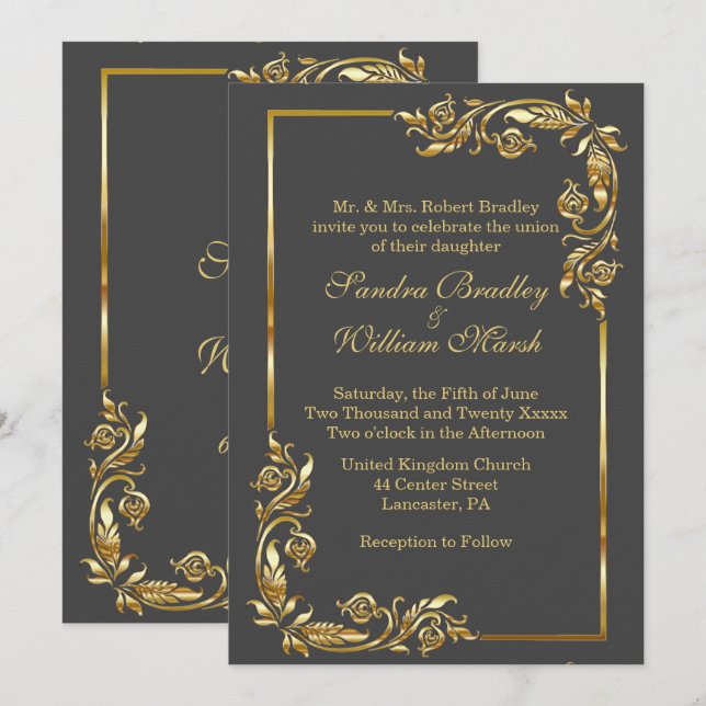 Golden Frame Elegant Charcoal Gray  w/ Gold Print Invitation (Front/Back)