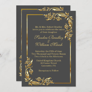 Golden Frame Elegant Charcoal Gray  w/ Gold Print Invitation