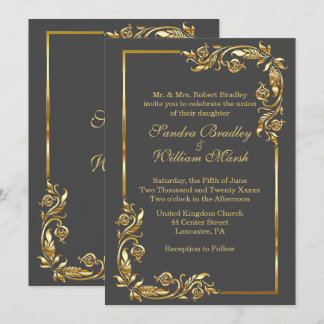 Golden Frame Elegant Charcoal Gray w/ Gold Print Invitation