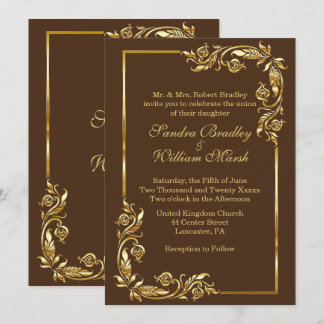 Golden Frame Elegant Chocolate Brown w/ Gold Print Invitation