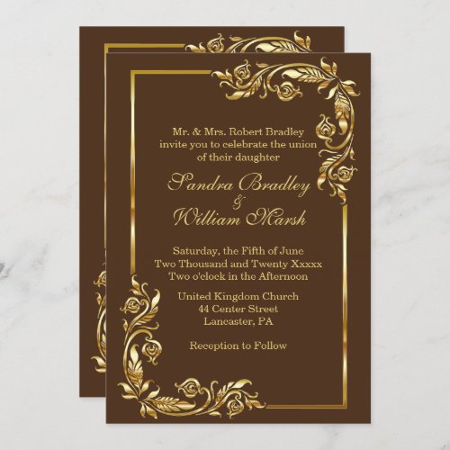 Golden Frame Elegant Chocolate Brown w Gold Print Invitation