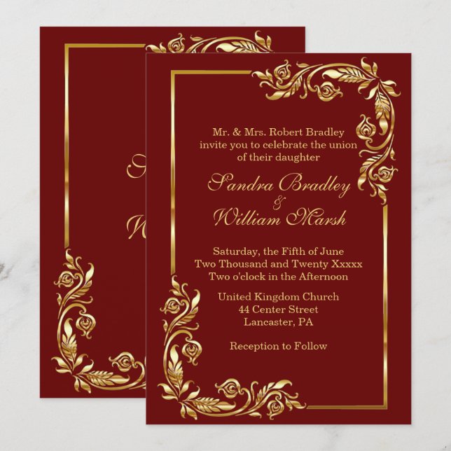 Golden Frame Elegant Dark Red w/ Gold Print Invitation (Front/Back)