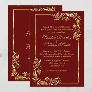 Golden Frame Elegant Dark Red w/ Gold Print Invitation