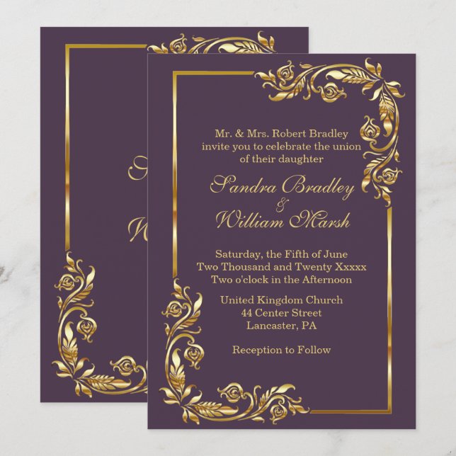 Golden Frame Elegant Eggplant w/ Gold Print Invitation (Front/Back)