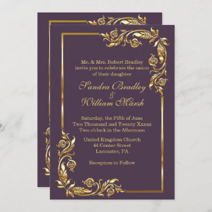 Golden Frame Elegant Eggplant w/ Gold Print Invitation