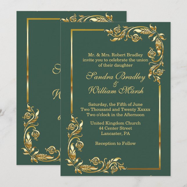 Golden Frame Elegant Forest Green w/ Gold Print   Invitation (Front/Back)